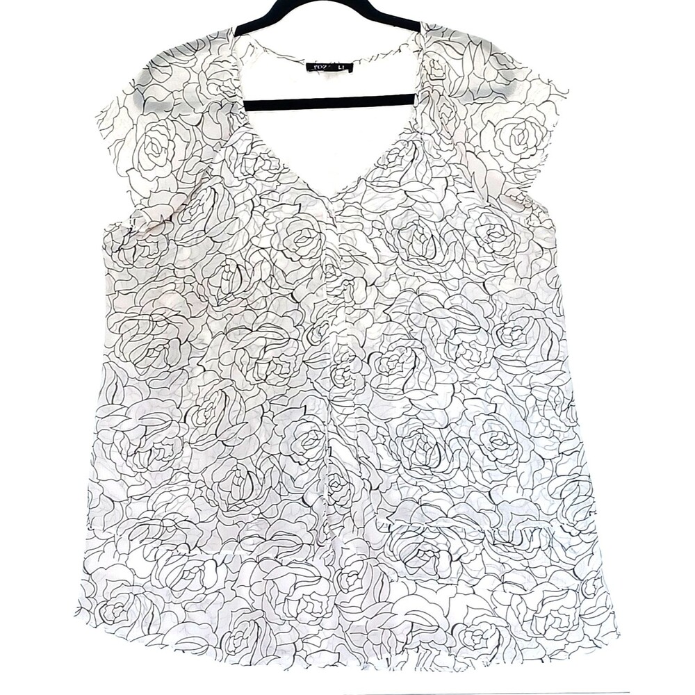 Roz & Ali Women’s Large Top White/Black Floral Layered Sheer Short Sleeve